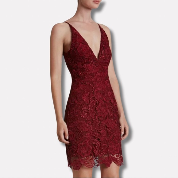 REVOLVE Dress The Population Burgundy French Floral Lace Mini Dress Sz. Large - Picture 2 of 12